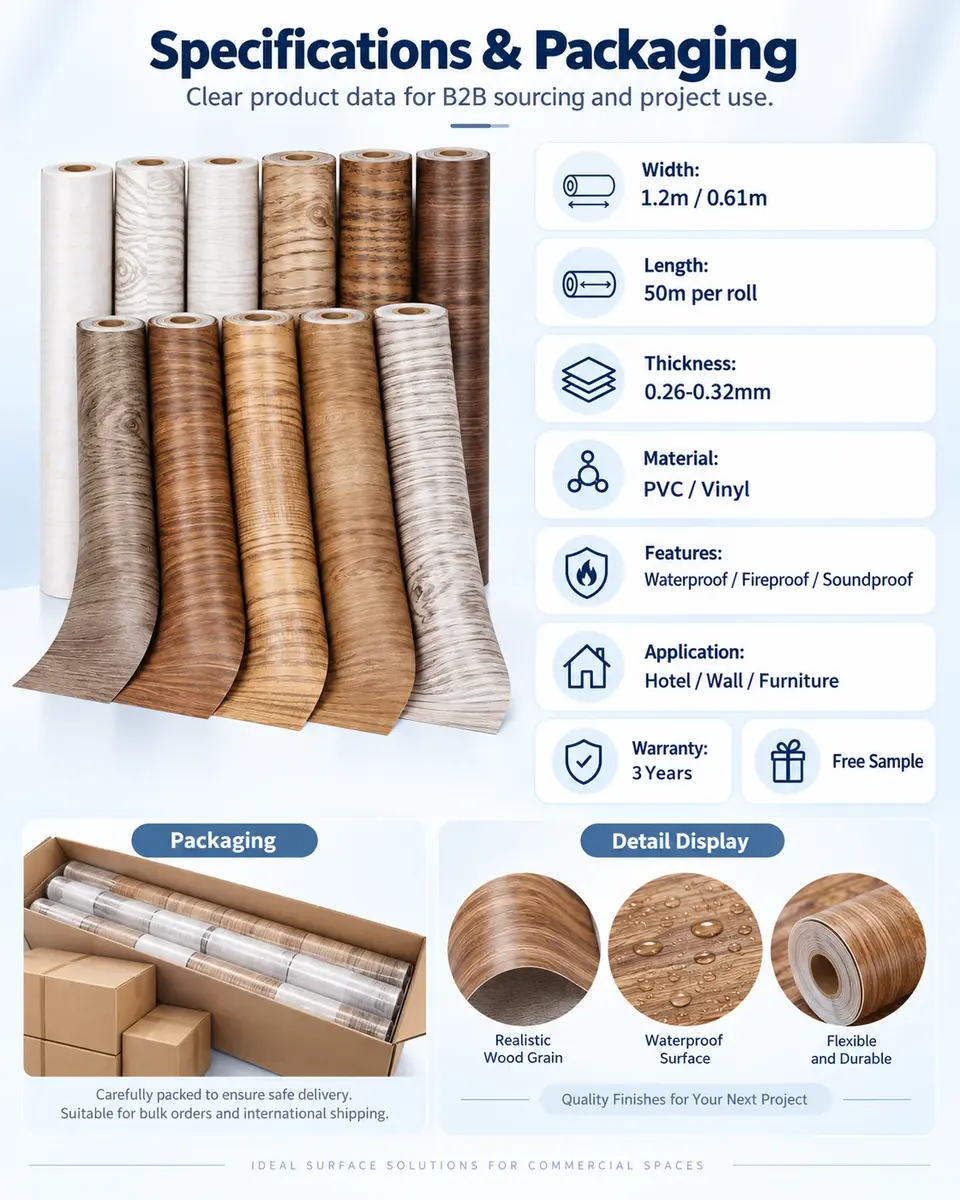 Wood Grain Vinyl Self-Adhesive Wallpaper — Roll format and packaging