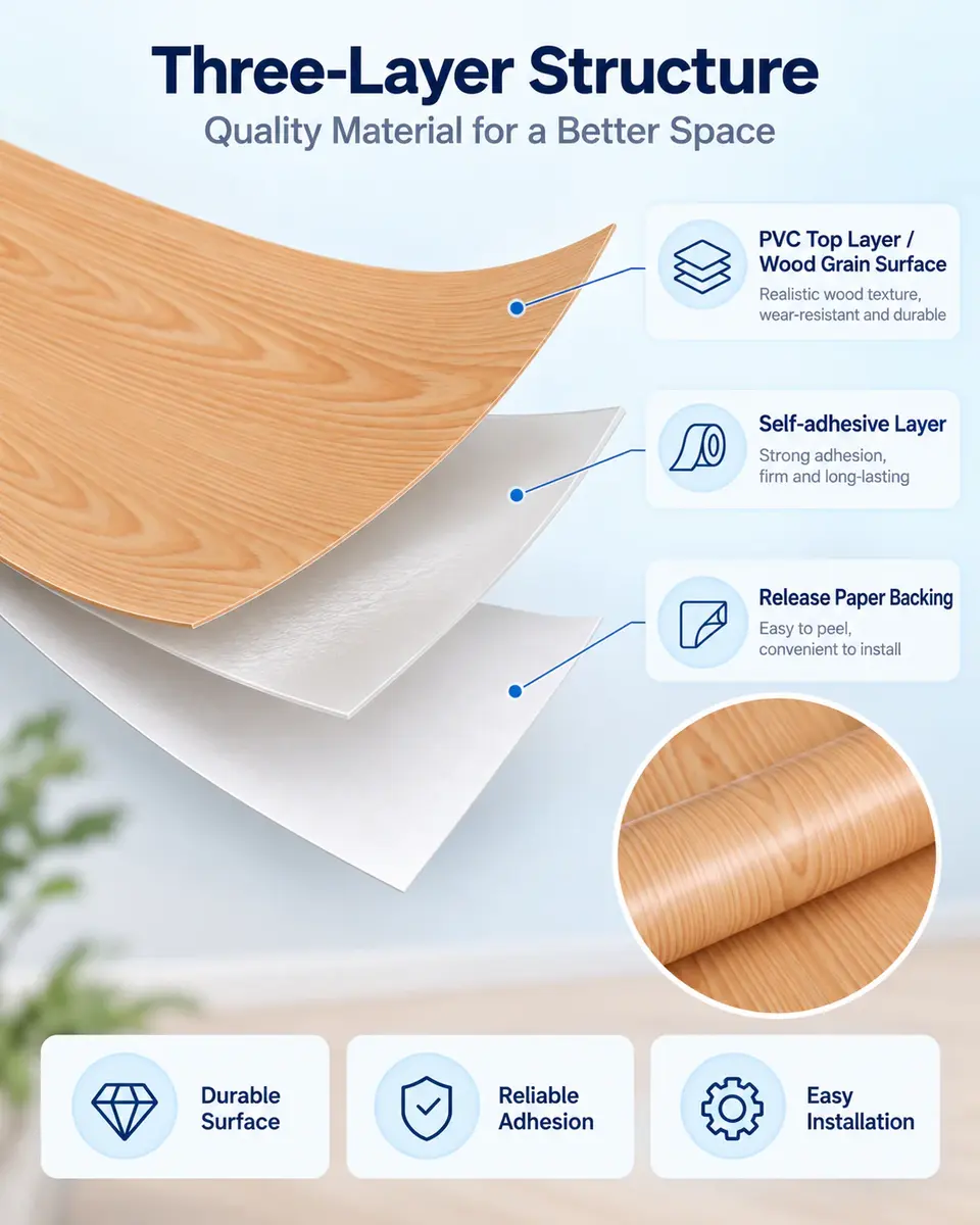 Self-Adhesive Wood Grain Vinyl Film — Surface texture and finish close-up