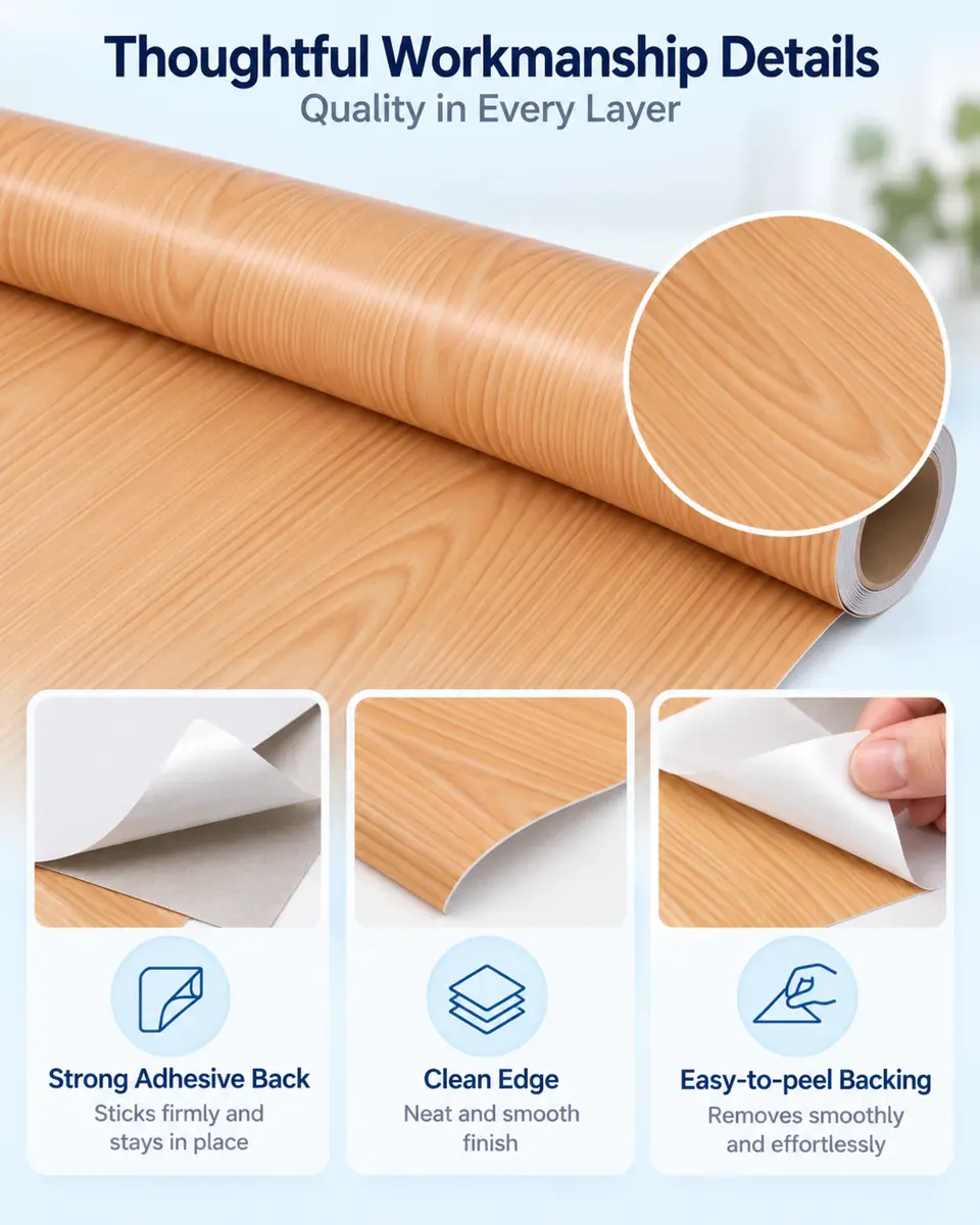 Self-Adhesive Wood Grain Vinyl Film — Installation and application detail