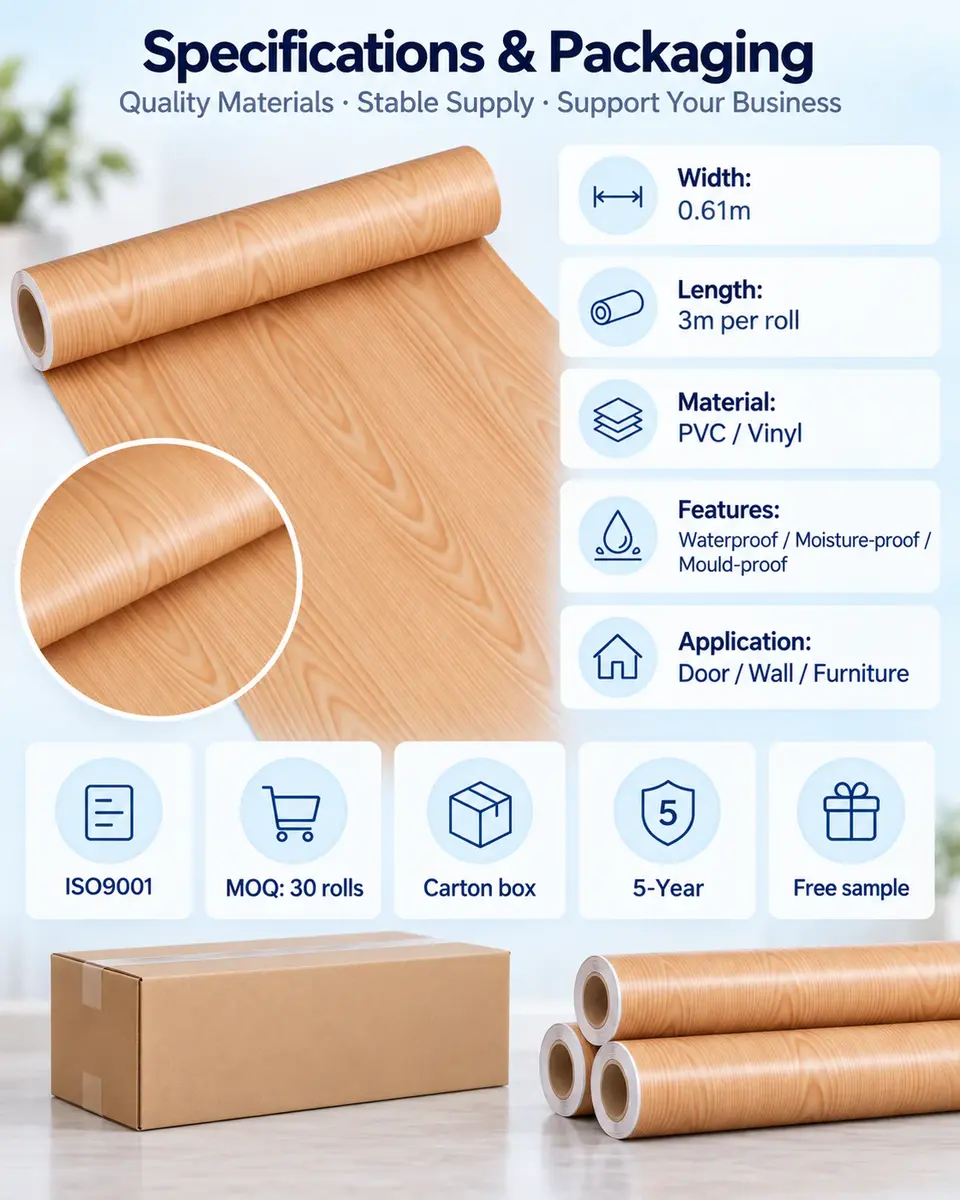 Self-Adhesive Wood Grain Vinyl Film — Roll format and packaging