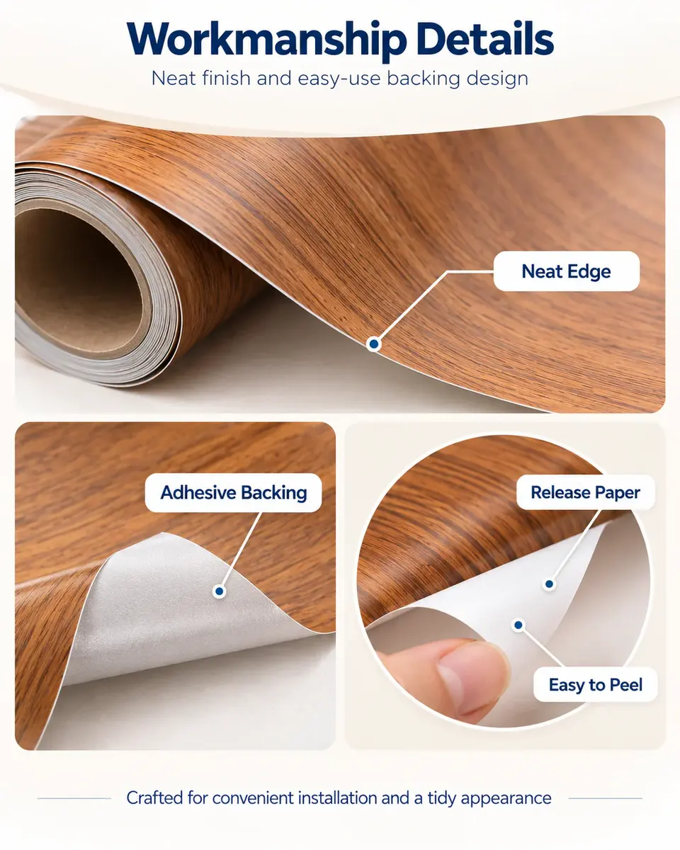 Self-Adhesive Wood Grain Wallpaper — Installation and application detail