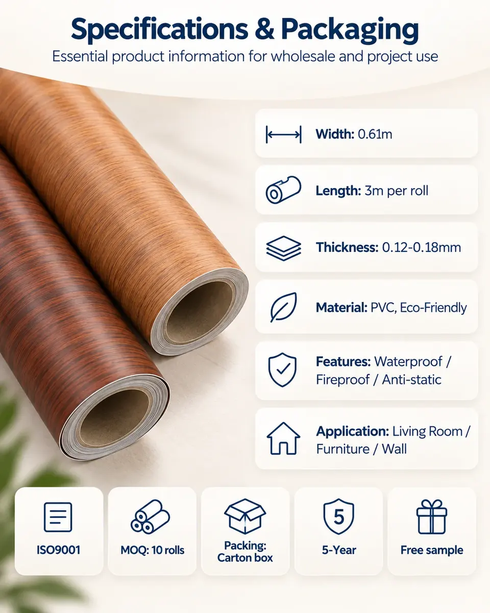 Self-Adhesive Wood Grain Wallpaper — Roll format and packaging