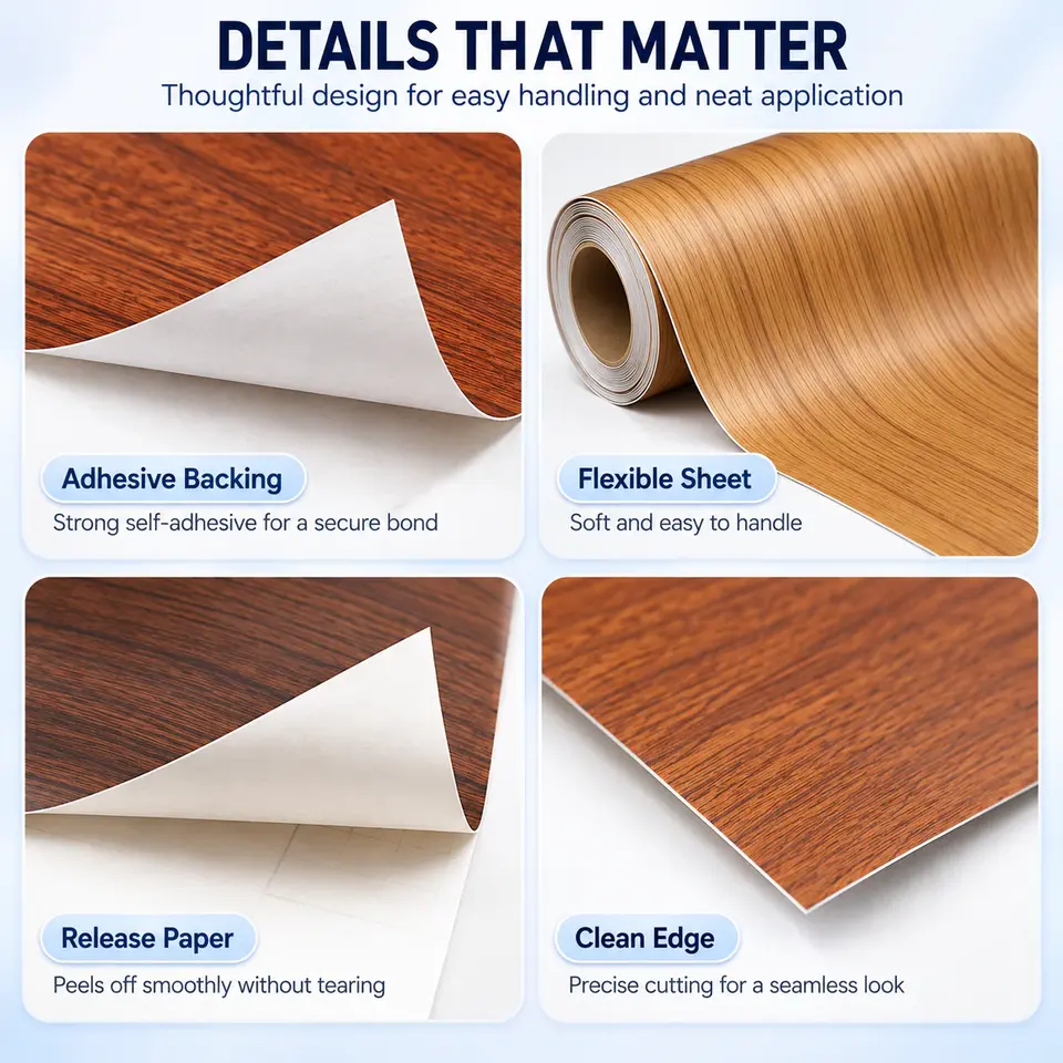 Wood Grain Self-Adhesive 3D Wooden Wall Sticker — Installation and application detail