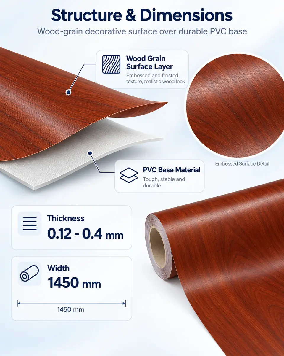 Wood Grain Laminating PVC Film for Furniture — Surface texture and finish close-up