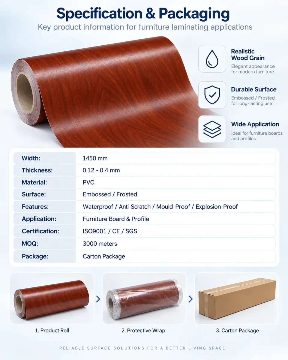 Wood Grain Laminating PVC Film for Furniture — Roll format and packaging