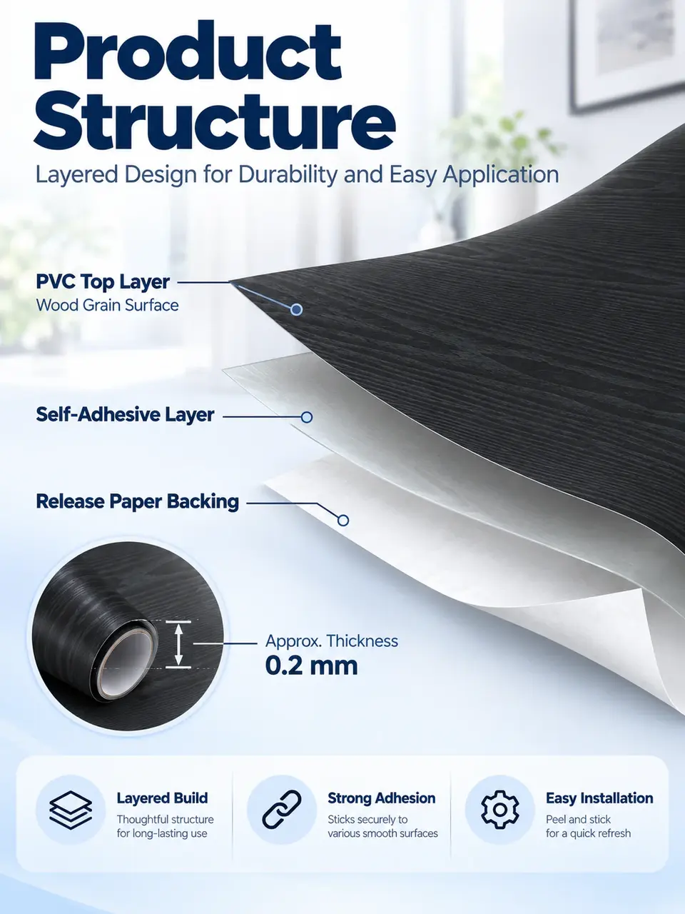 3D Black Wood Grain Self-Adhesive PVC Decorative Film / Wallpaper — Surface texture and finish close-up