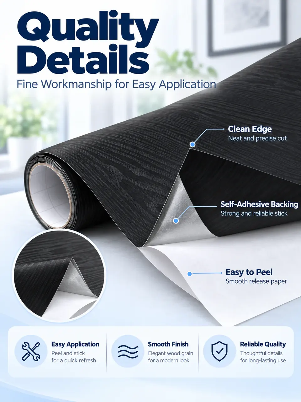 3D Black Wood Grain Self-Adhesive PVC Decorative Film / Wallpaper — Installation and application detail