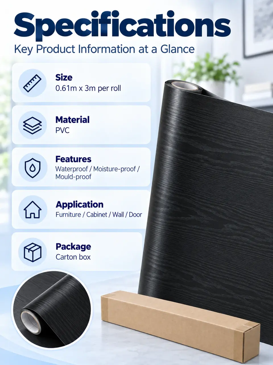 3D Black Wood Grain Self-Adhesive PVC Decorative Film / Wallpaper — Roll format and packaging
