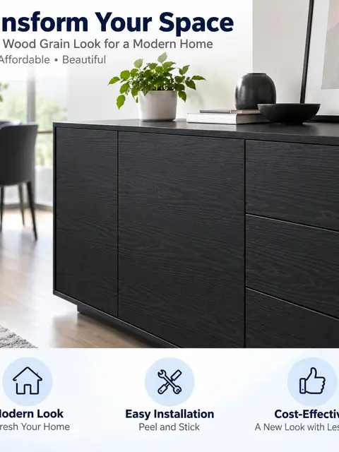3D Black Wood Grain Self-Adhesive PVC Decorative Film / Wallpaper — Living room
