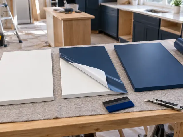 Cabinet doors at different stages of wrapping with matte navy self-adhesive furniture film