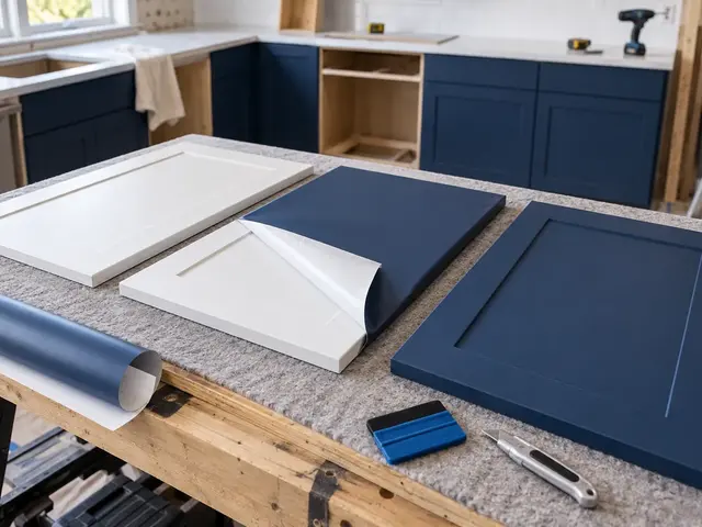 Cabinet doors at different stages of wrapping with matte navy self-adhesive furniture film — alternative view