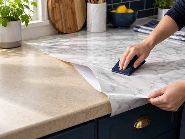 White marble-effect self-adhesive film being applied to a beige laminate kitchen worktop