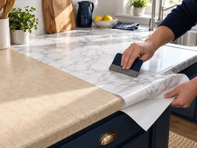 White marble-effect self-adhesive film being applied to a beige laminate kitchen worktop — alternative view