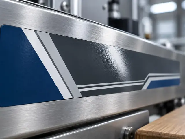 Glossy dark grey vinyl label with abstract colour bands on a brushed steel machine housing