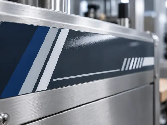 Glossy dark grey vinyl label with abstract colour bands on a brushed steel machine housing — alternative view