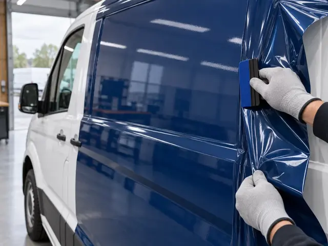 Gloved hands applying deep navy glossy vinyl to an unbranded white delivery van