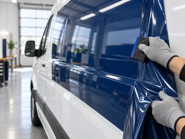 Gloved hands applying deep navy glossy vinyl to an unbranded white delivery van — alternative view