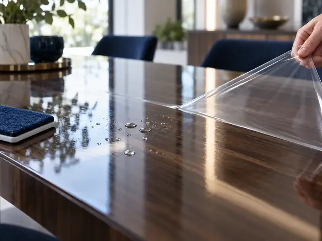 Clear TPU protection film lifted at the edge of a glossy dark walnut table — alternative view