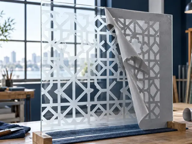 Grey stencil film peeling from a geometric sandblasted pattern on a backlit glass panel
