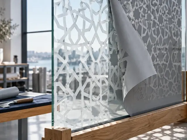 Grey stencil film peeling from a geometric sandblasted pattern on a backlit glass panel — alternative view