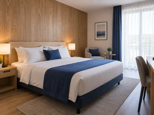 Wood grain self-adhesive wallpaper on a hotel guest-room feature wall — alternative view