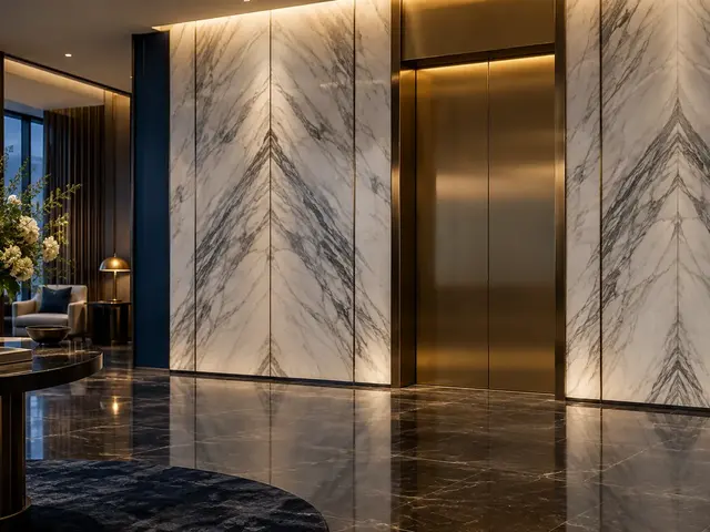 Book-matched marble-effect wall panels beside a brass lift door in a hotel lobby