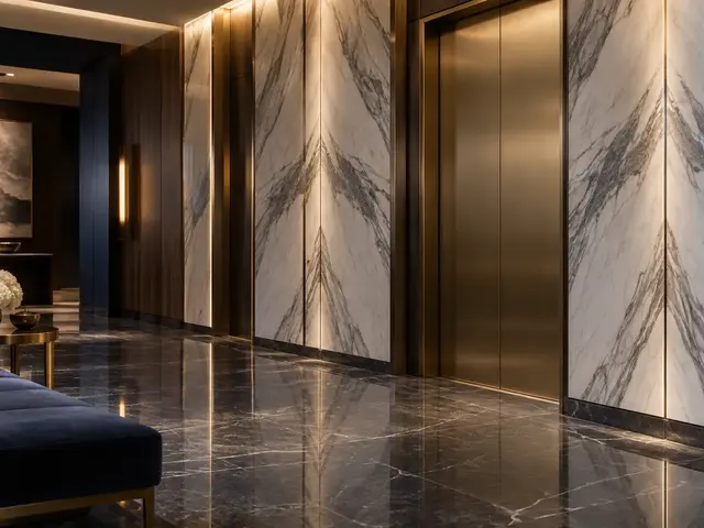 Book-matched marble-effect wall panels beside a brass lift door in a hotel lobby — alternative view