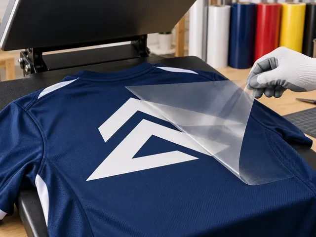 Transparent carrier sheet peeling from a white geometric heat transfer on a navy sports jersey