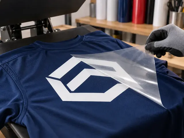 Transparent carrier sheet peeling from a white geometric heat transfer on a navy sports jersey — alternative view