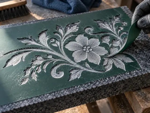Dark green rubber stencil peeling from a floral sandblasted ornament on grey granite