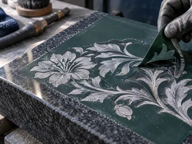 Dark green rubber stencil peeling from a floral sandblasted ornament on grey granite — alternative view