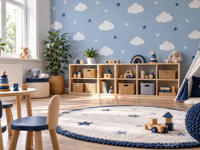 Cloud and star patterned wallpaper in a bright nursery with low wooden shelving