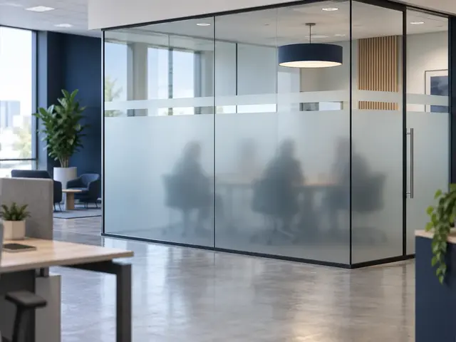 Frosted privacy film across a contemporary office glass meeting-room partition