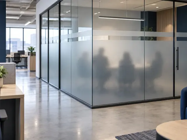 Frosted privacy film across a contemporary office glass meeting-room partition — alternative view