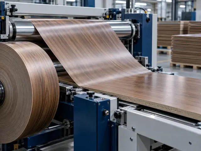 Walnut wood grain decorative film feeding over a steel roller into a panel laminating machine