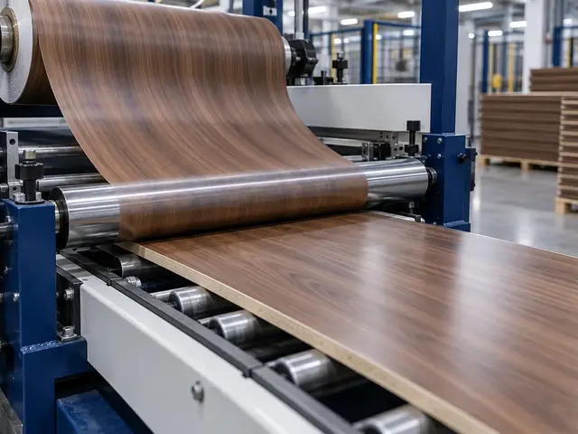 Walnut wood grain decorative film feeding over a steel roller into a panel laminating machine — alternative view