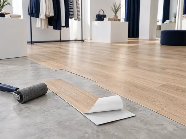 Light oak-effect self-adhesive vinyl planks being laid in a retail pop-up shop — alternative view