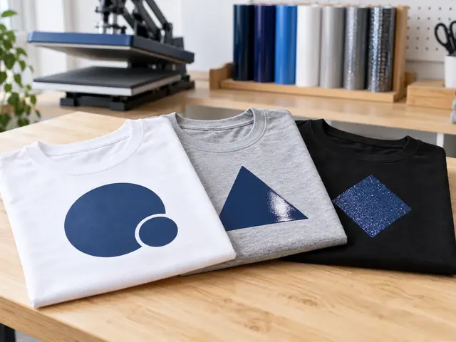White, grey and black T-shirts decorated with matte, glossy and shimmer geometric heat transfers