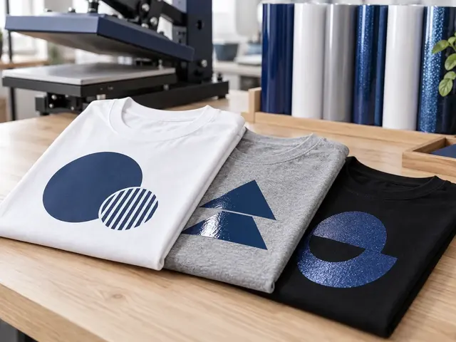 White, grey and black T-shirts decorated with matte, glossy and shimmer geometric heat transfers — alternative view