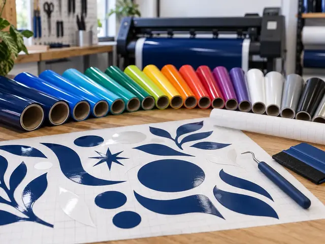 Coloured self-adhesive vinyl rolls and weeded abstract shapes on a sign-making workbench