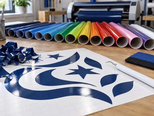 Coloured self-adhesive vinyl rolls and weeded abstract shapes on a sign-making workbench — alternative view