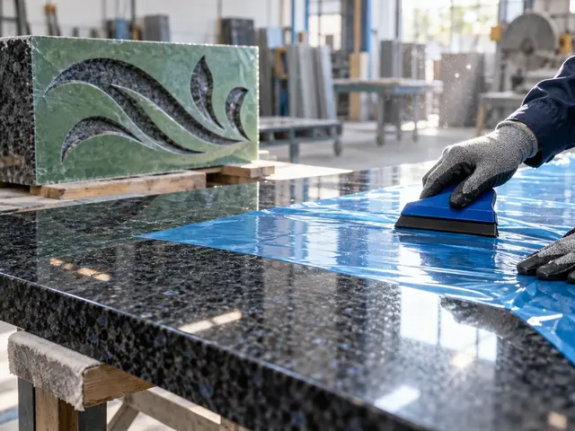 Translucent blue PE protective film being smoothed onto a polished dark granite countertop