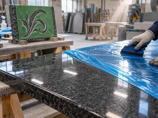 Translucent blue PE protective film being smoothed onto a polished dark granite countertop — alternative view