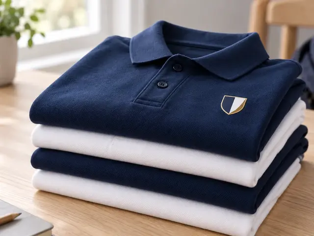 Folded navy and white polo shirts with a small abstract white and gold chest transfer — alternative view