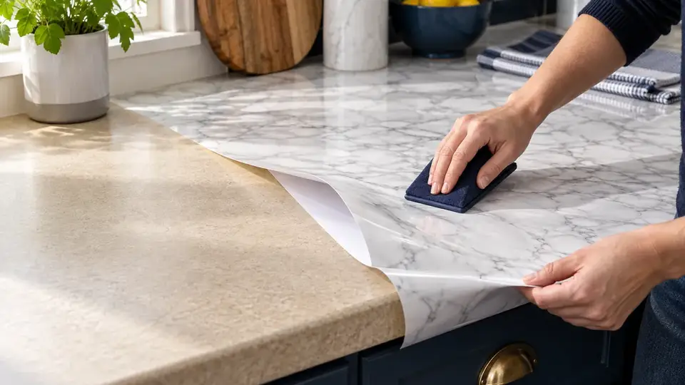 White marble-effect self-adhesive film being applied to a beige laminate kitchen worktop