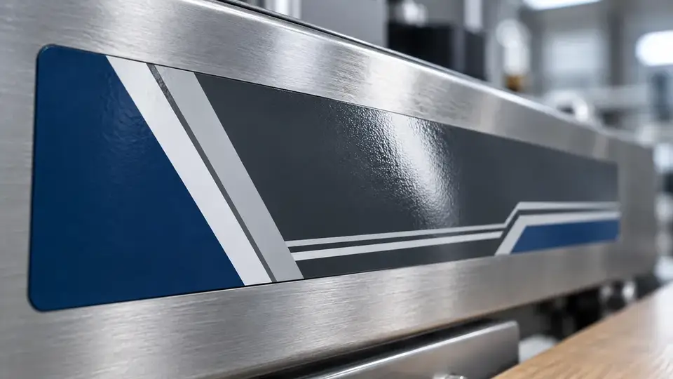 Glossy dark grey vinyl label with abstract colour bands on a brushed steel machine housing