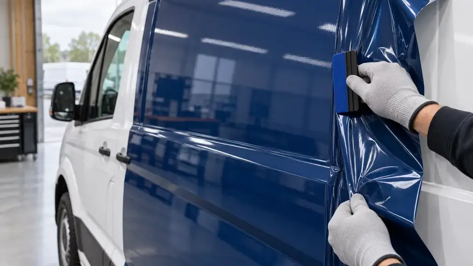 Gloved hands applying deep navy glossy vinyl to an unbranded white delivery van