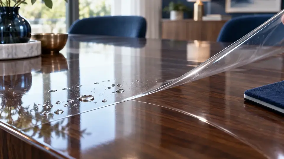Clear TPU protection film lifted at the edge of a glossy dark walnut table