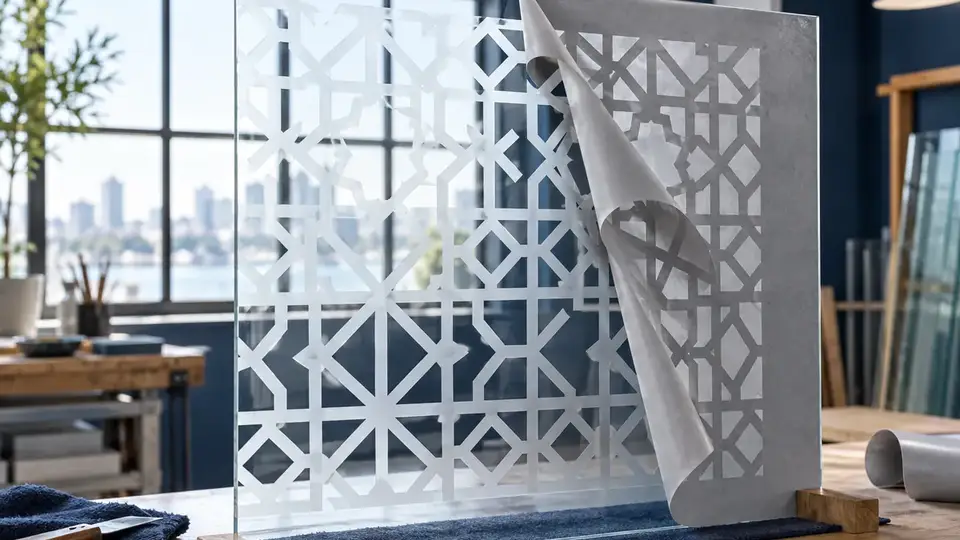 Grey stencil film peeling from a geometric sandblasted pattern on a backlit glass panel