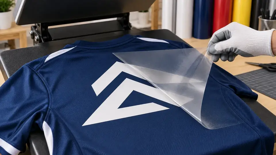 Transparent carrier sheet peeling from a white geometric heat transfer on a navy sports jersey